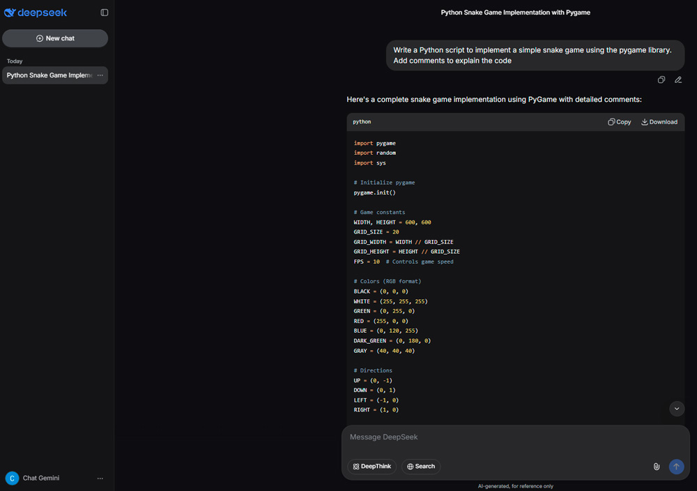 Интерфейс DeepSeek R1 пишет игру змейка на Python