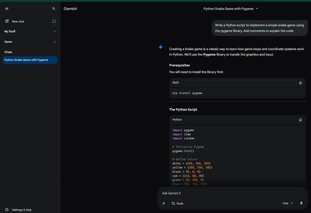 Интерфейс Google Gemini 3 пишет игру змейка на Python