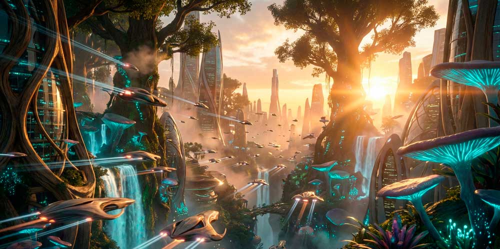 Кинематографичный научно-фантастический пейзаж, сгенерированный видеомоделью ИИ