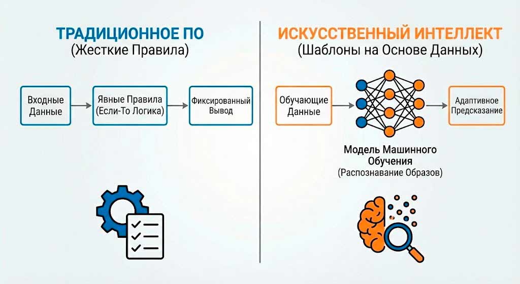 Диаграмма сравнения традиционного ПО (жесткие правила) и Искусственного интеллекта (поиск паттернов в данных)