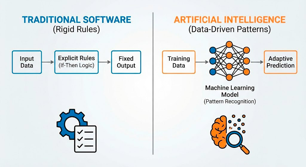 Diagram comparing Traditional Software (rigid rules) vs Artificial Intelligence (data-driven patterns)