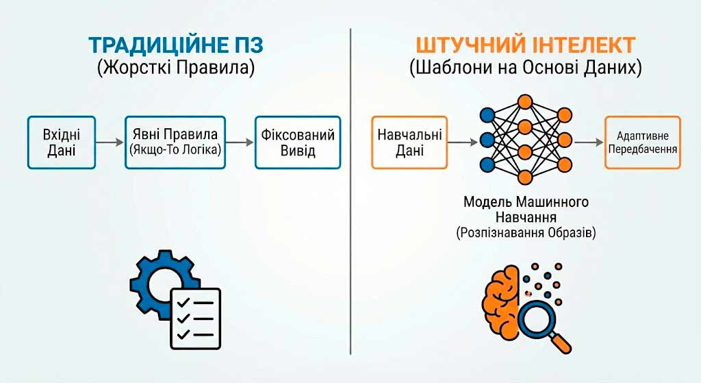 Діаграма порівняння традиційного ПЗ (жорсткі правила) та Штучного інтелекту (пошук патернів у даних)