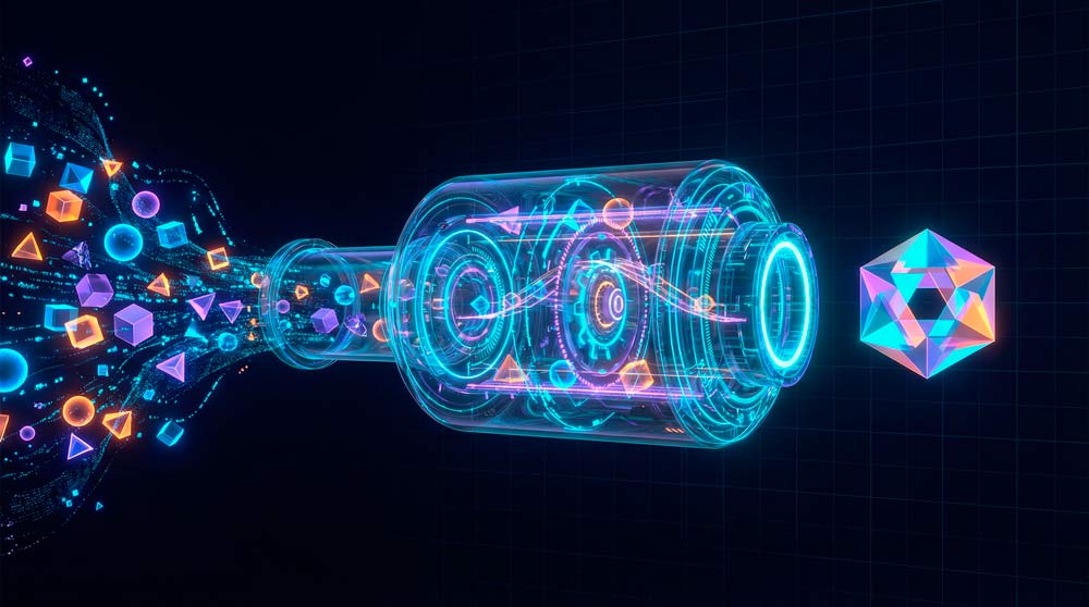 3D-иллюстрация работы алгоритма: хаотичные цветные фигуры (Вход) проходят через светящийся механизм обработки и выходят как структурированный кристалл (Выход).