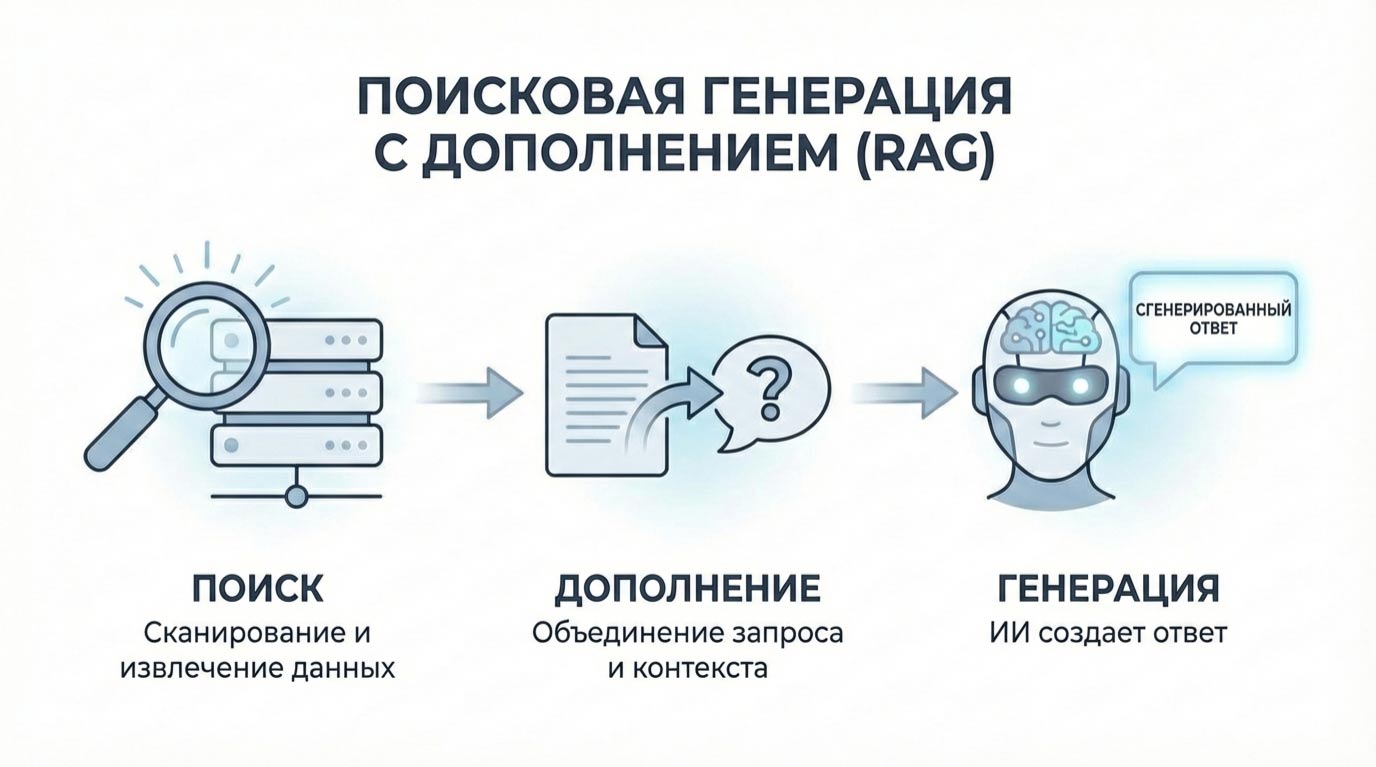 Диаграмма, показывающая работу Retrieval-Augmented Generation: Запрос, Поиск в базе данных и Ответ ИИ