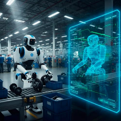 Electric Atlas robot training with NVIDIA Isaac Sim digital twin at Hyundai factory