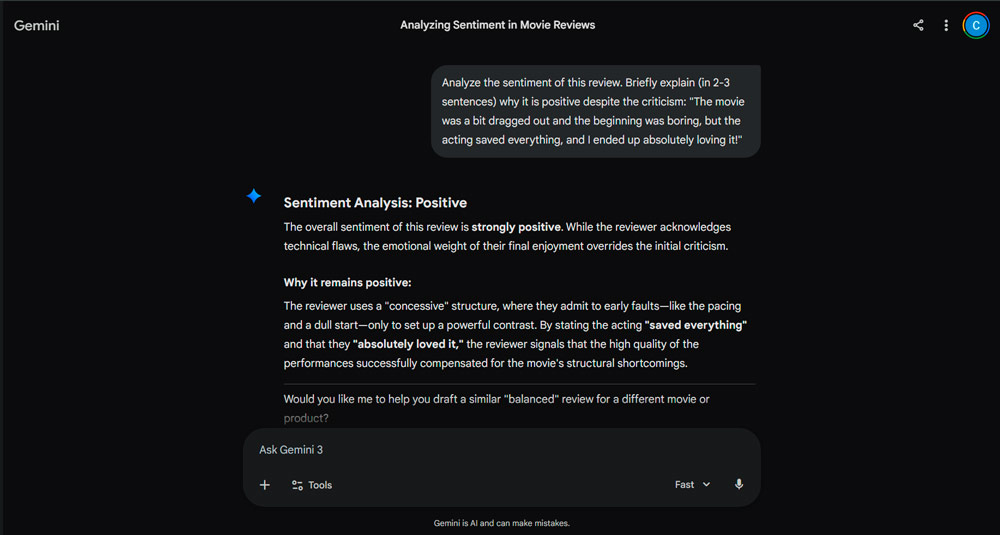 Screenshot of chat with Gemini, where AI analyzes a complex review and correctly identifies it as positive.