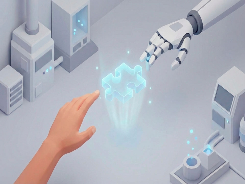 Human and robotic hands collaborating on a shared task representing AI alignment