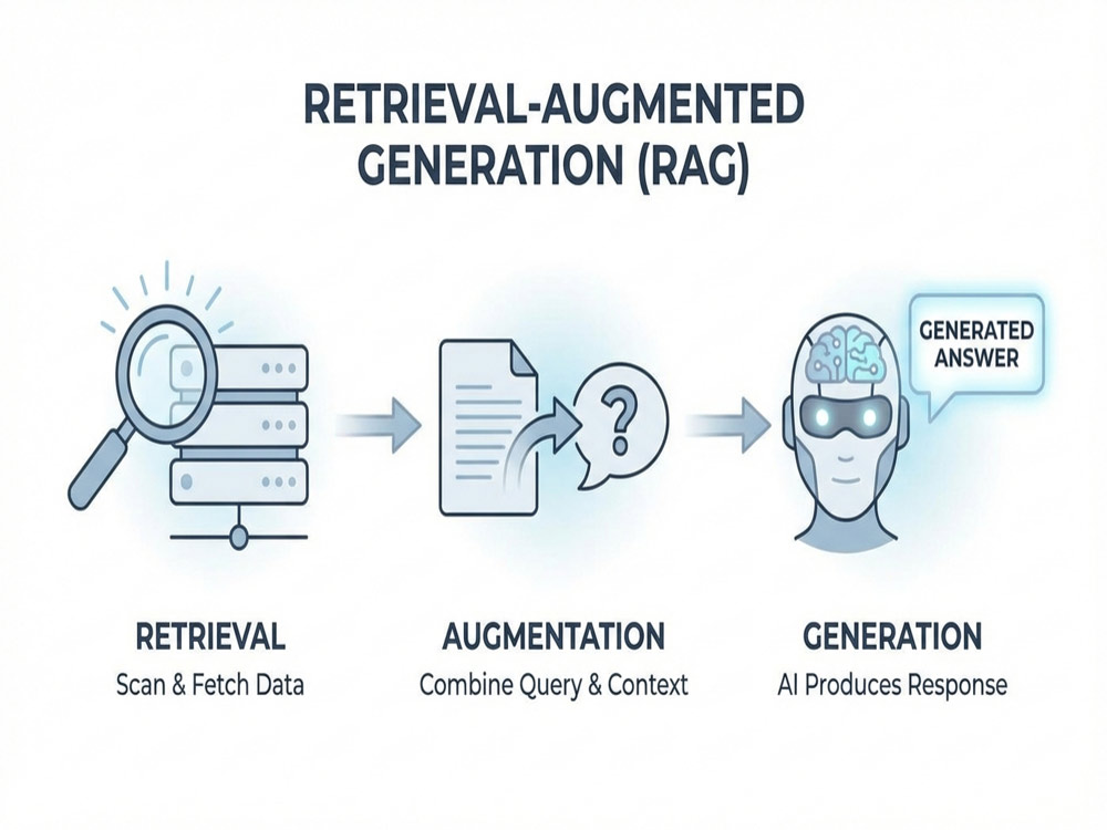 Diagram showing Retrieval-Augmented Generation: Query, Retrieval from Database, and AI Response
