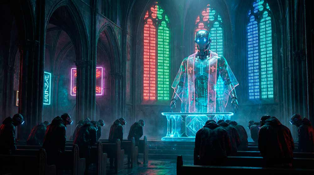 Футуристический робот-священник в неоготическом соборе с неоновыми витражами читает проповедь