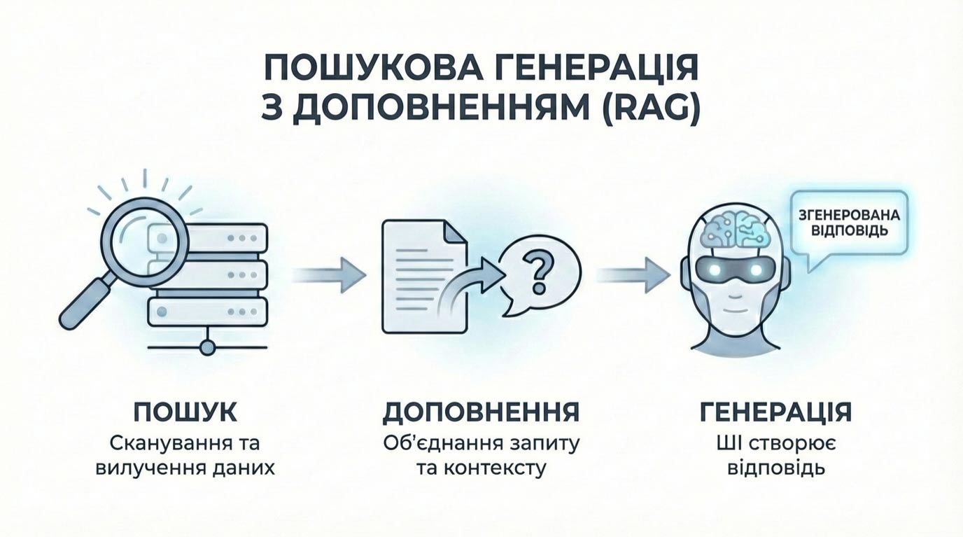 Діаграма, що показує роботу Retrieval-Augmented Generation: Запит, Пошук у базі даних та Відповідь ШІ