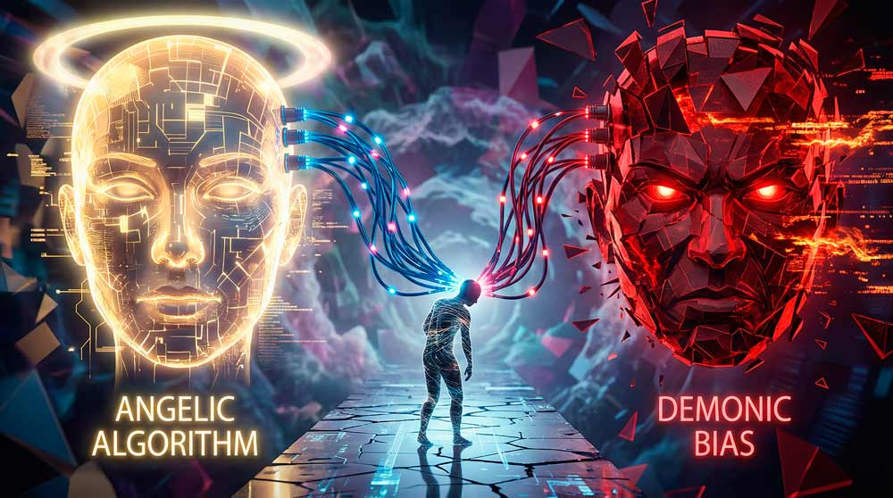Силуэт человека между двумя лицами ИИ: ангельским и демоническим, символизирующими предвзятость алгоритмов