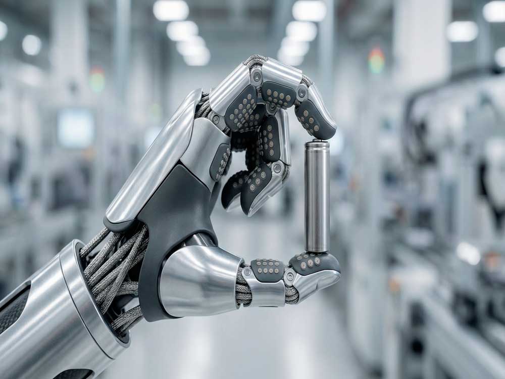 Рука Tesla Optimus с тактильными датчиками держит цилиндрический аккумуляторный элемент