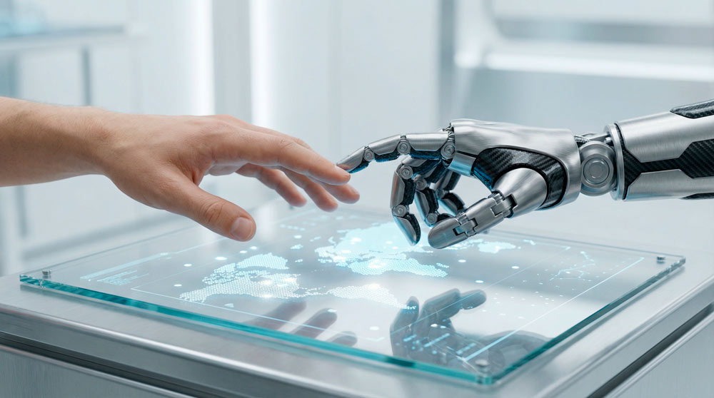 Футуристический конференц-зал ООН с голографической нейросетью, символизирующей глобальное управление ИИ