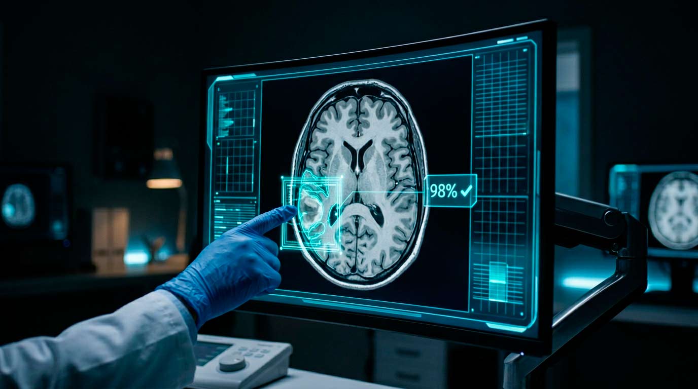 Экран медицинской диагностики на базе ИИ, выделяющий аномалии на радиологических снимках