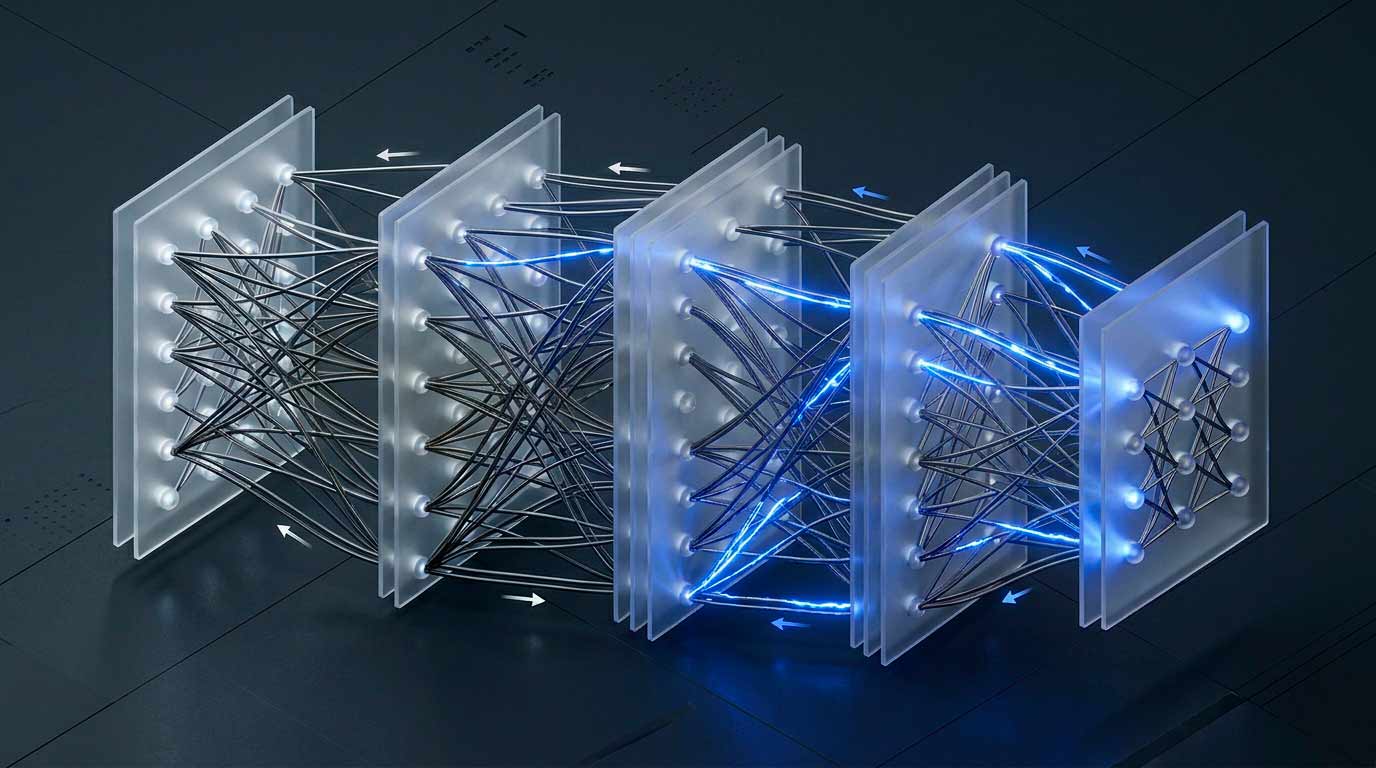 Схема зворотного поширення помилки в нейронній мережі з прямим і зворотним проходом