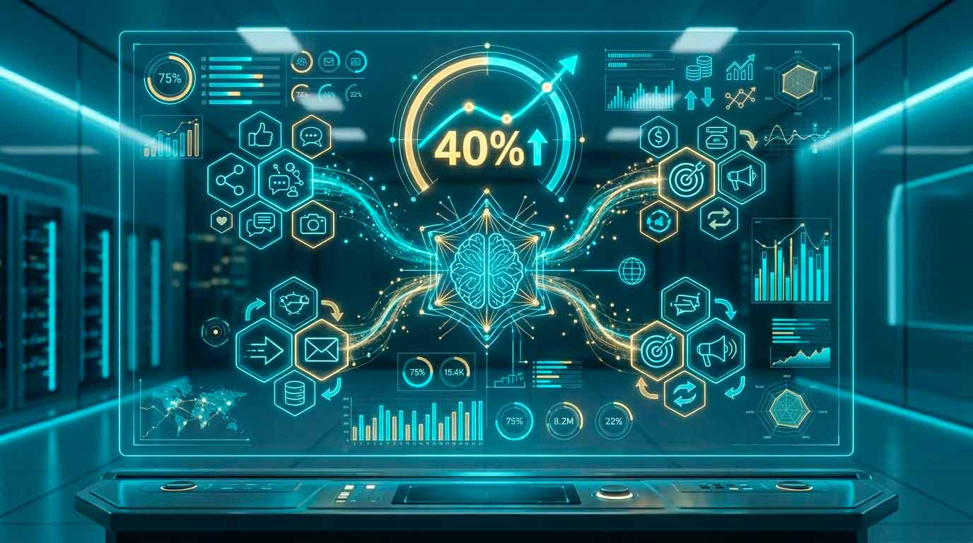 Дашборд цифрового маркетинга, показывающий ИИ-агента, оптимизирующего эффективность кампании в реальном времени