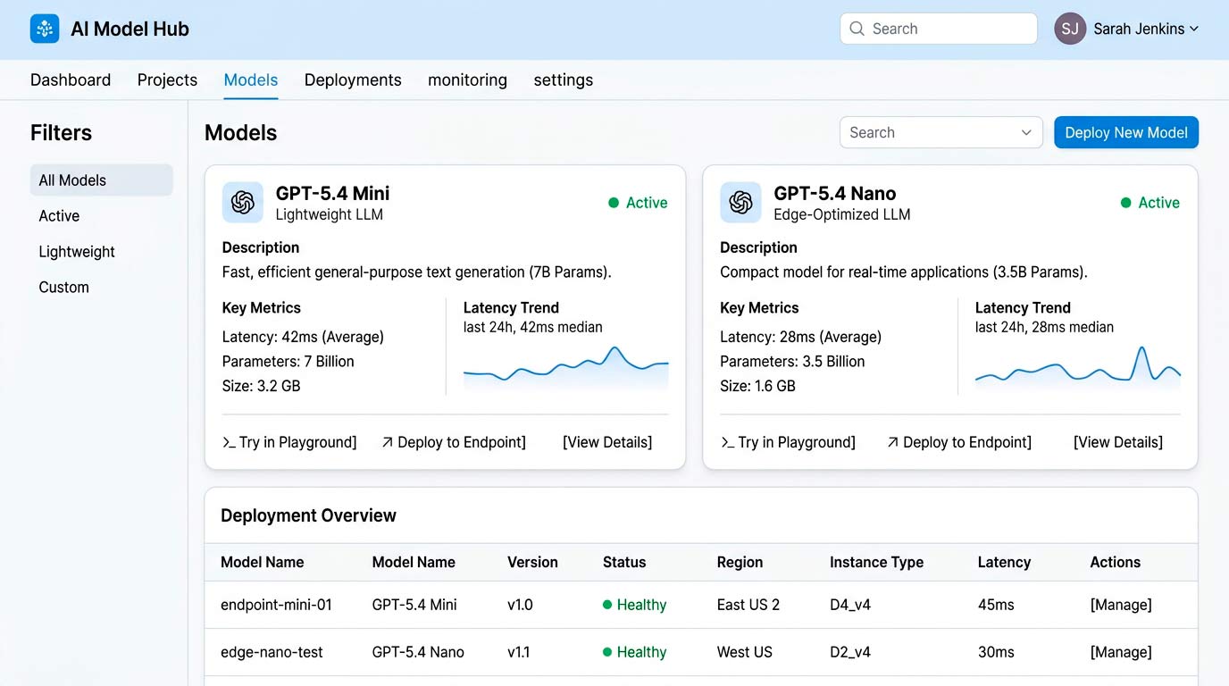 Illustrative AI model dashboard showing GPT-5.4 Mini and Nano deployment metrics