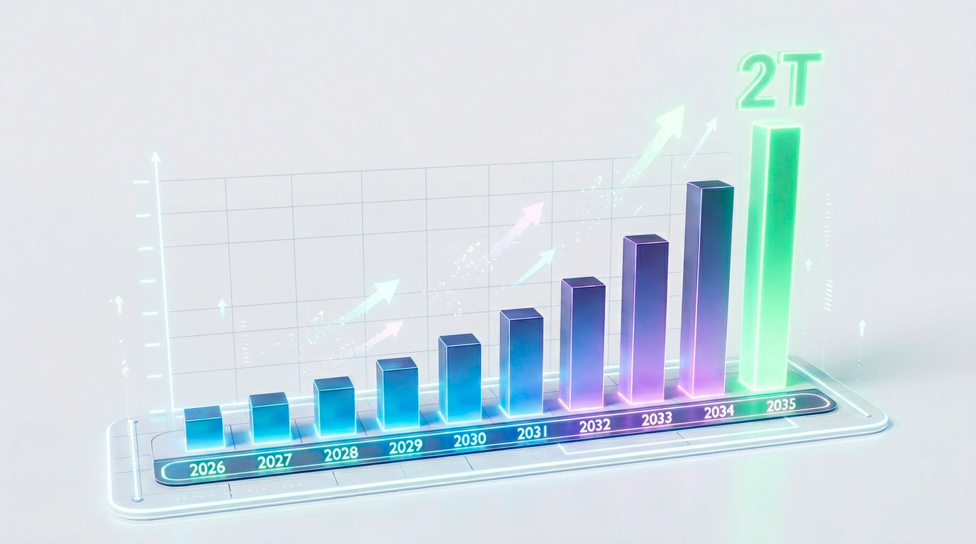 Инфографика, показывающая рост мирового рынка ИИ с 2026 по 2035 год с достижением отметки в 2 триллиона долларов