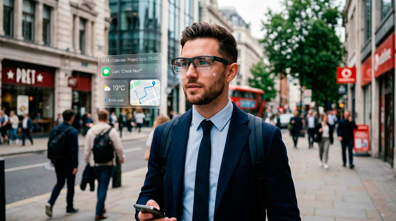 Person wearing AI glasses with digital interface overlay