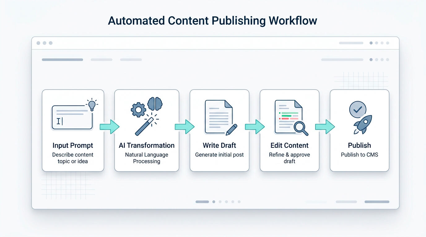 WordPress AI agent workflow showing natural language commands turning into published content
