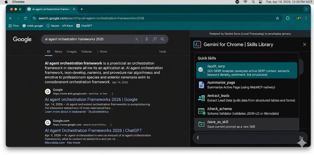 Google Chrome Gemini Skills interface showing AI-powered SEO workflows and local Nano processing